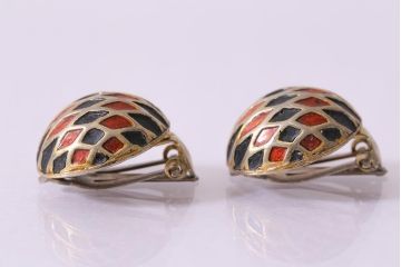 ヴィンテージ　赤　黒　ゴールド　レトロ　ドーム型イヤリング(アクセサリー、ビンテージ)(R-041793)