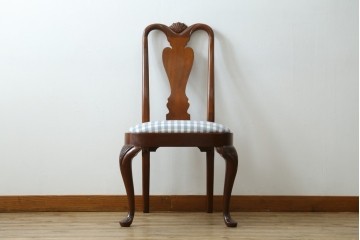 中古　IDC大塚家具　ヒッコリーチェア社(HICKORY CHAIR)　マホガニー材　805-02　ブルーのギンガムチェックが愛らしいチェア　定価約10万円　(R-041865)