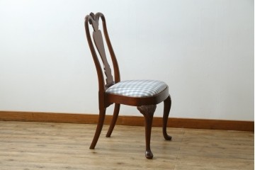 中古　IDC大塚家具　ヒッコリーチェア社(HICKORY CHAIR)　マホガニー材　805-02　ブルーのギンガムチェックが愛らしいチェア　定価約10万円　(R-041865)