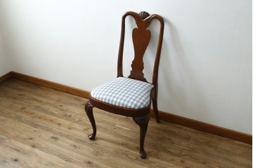 中古　IDC大塚家具　ヒッコリーチェア社(HICKORY CHAIR)　マホガニー材　805-02　ブルーのギンガムチェックが愛らしいチェア　定価約10万円　(R-041865)