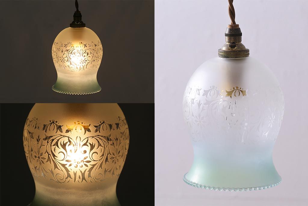 ヴィンテージ照明　フランスビンテージ　フロストガラス　優美なデザインが印象的なガラスシェードのペンダントライト(天井照明、シェード)(R-041945)