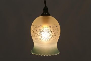 ヴィンテージ照明　フランスビンテージ　フロストガラス　優美なデザインが印象的なガラスシェードのペンダントライト(天井照明、シェード)(R-041945)