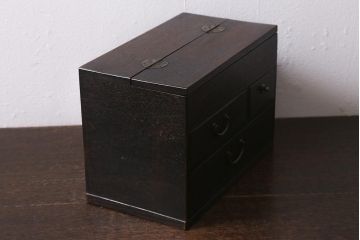 アンティーク雑貨　大正昭和初期　前面縞黒檀　上品かつシックな佇まいの木製裁縫箱(針箱、ソーイングボックス、小引き出し、小物収納)(R-042008)