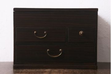 アンティーク雑貨　大正昭和初期　前面縞黒檀　上品かつシックな佇まいの木製裁縫箱(針箱、ソーイングボックス、小引き出し、小物収納)(R-042008)