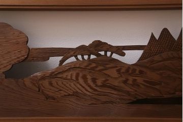 ビンテージ建具　昭和中期　山水図　帆掛け船　風情のある和空間を演出する彫刻欄間(明かり取り、明り取り)(R-042021)