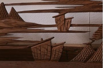 ビンテージ建具　昭和中期　山水図　帆掛け船　風情のある和空間を演出する彫刻欄間(明かり取り、明り取り)(R-042021)