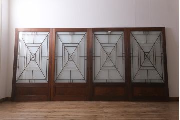 アンティーク建具　和製アンティーク　ヒノキ材　腰板ケヤキ材　上手物!　珍しいデザインが目を引くガラス戸4枚セット(引き戸、建具)(R-042036)