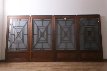 アンティーク建具　和製アンティーク　ヒノキ材　腰板ケヤキ材　上手物!　珍しいデザインが目を引くガラス戸4枚セット(引き戸、建具)(R-042036)