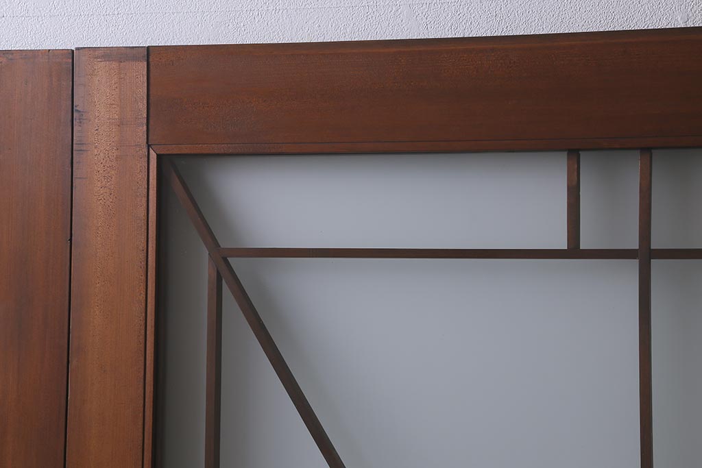 アンティーク建具　和製アンティーク　ヒノキ材　腰板ケヤキ材　上手物!　珍しいデザインが目を引くガラス戸4枚セット(引き戸、建具)(R-042036)