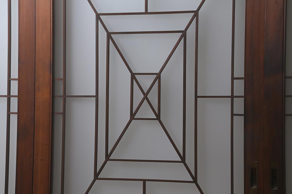 アンティーク建具　和製アンティーク　ヒノキ材　腰板ケヤキ材　上手物!　珍しいデザインが目を引くガラス戸4枚セット(引き戸、建具)(R-042036)