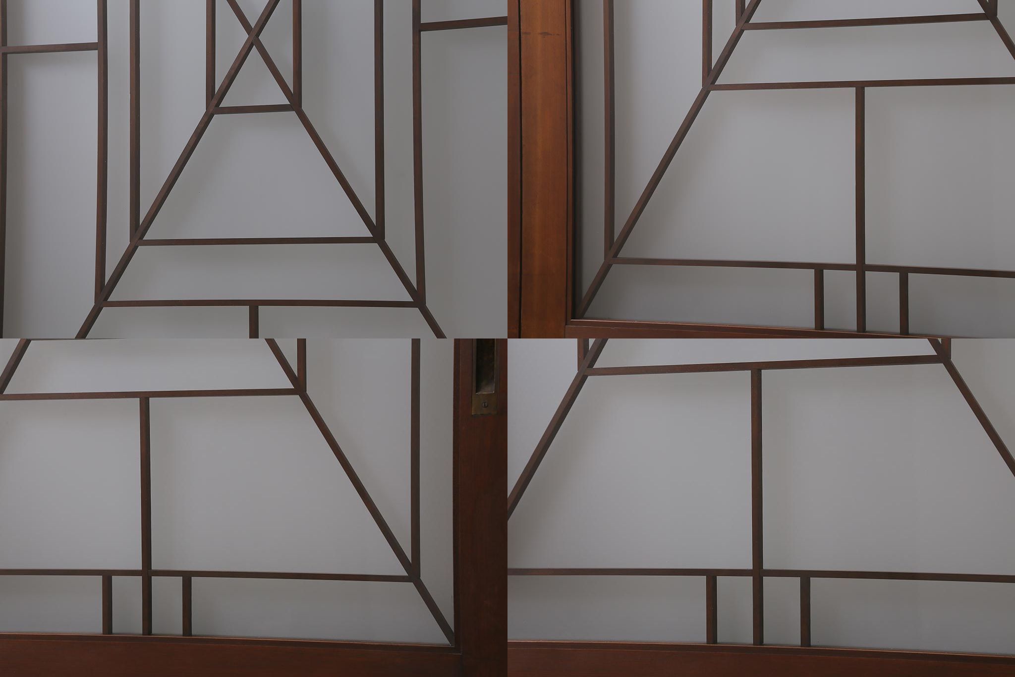 アンティーク建具　和製アンティーク　ヒノキ材　腰板ケヤキ材　上手物!　珍しいデザインが目を引くガラス戸4枚セット(引き戸、建具)(R-042036)