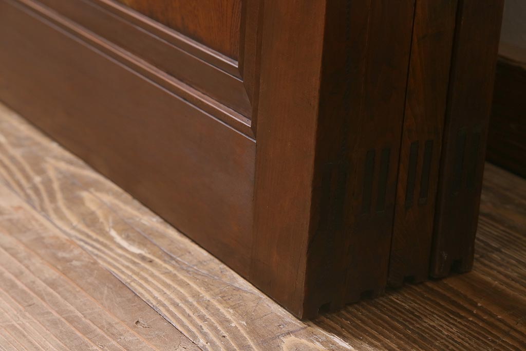 アンティーク建具　和製アンティーク　ヒノキ材　腰板ケヤキ材　上手物!　珍しいデザインが目を引くガラス戸4枚セット(引き戸、建具)(R-042036)