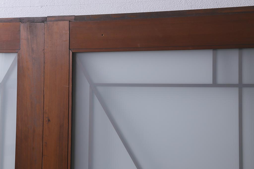 アンティーク建具　和製アンティーク　ヒノキ材　腰板ケヤキ材　上手物!　珍しいデザインが目を引くガラス戸4枚セット(引き戸、建具)(R-042036)