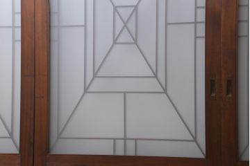 アンティーク建具　和製アンティーク　ヒノキ材　腰板ケヤキ材　上手物!　珍しいデザインが目を引くガラス戸4枚セット(引き戸、建具)(R-042036)