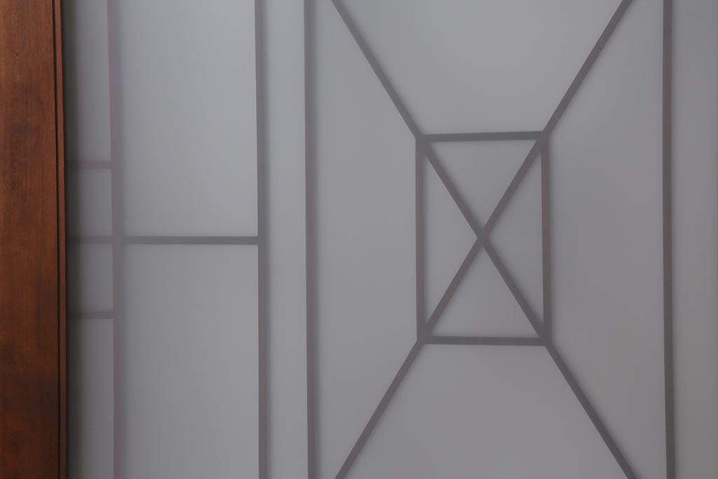 アンティーク建具　和製アンティーク　ヒノキ材　腰板ケヤキ材　上手物!　珍しいデザインが目を引くガラス戸4枚セット(引き戸、建具)(R-042036)