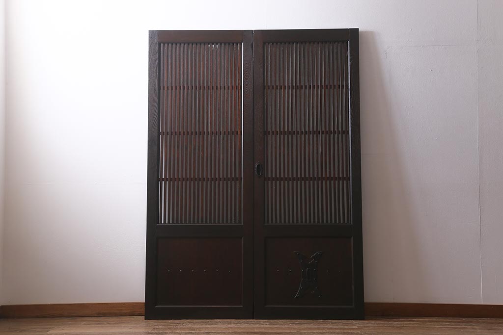 アンティーク建具　和製アンティーク　明治期　蔵戸リメイク　総ケヤキ材　クリアガラス入り　和の趣あふれる蔵戸2枚セット(引き戸、玄関戸)(R-042038)