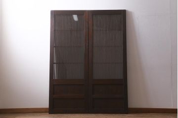 アンティーク建具　和製アンティーク　明治期　蔵戸リメイク　総ケヤキ材　クリアガラス入り　和の趣あふれる蔵戸2枚セット(引き戸、玄関戸)(R-042038)