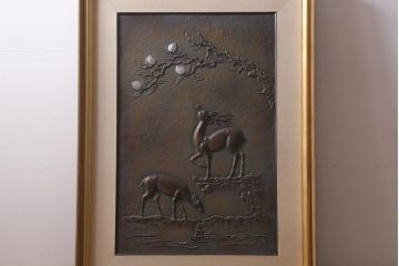 ビンテージ雑貨　正源作　ブロンズレリーフ　鹿と桃(銅板)(R-042068)