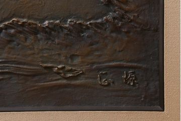 ビンテージ雑貨　正源作　ブロンズレリーフ　鹿と桃(銅板)(R-042068)