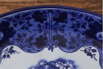 アンティーク雑貨　骨董　明治期　ベロ藍　花籠図　染付一尺六寸大皿(和食器)(R-042069)