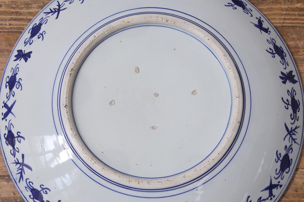 アンティーク雑貨　骨董　明治期　ベロ藍　花籠図　染付一尺六寸大皿(和食器)(R-042069)