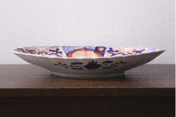 アンティーク雑貨 骨董 明治期 色絵花籠図染付楕円大皿(和食器)(R-042070)