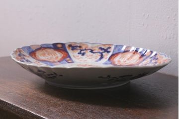 アンティーク雑貨 骨董 明治期 色絵花籠図染付楕円大皿(和食器)(R-042070)
