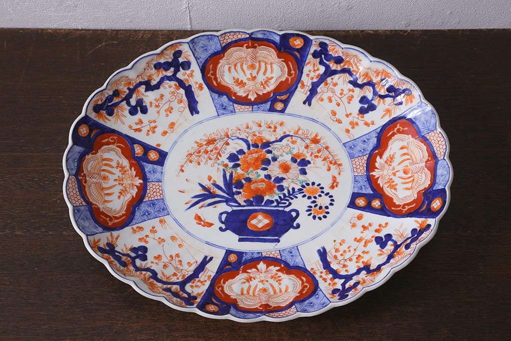 アンティーク雑貨 骨董 明治期 色絵花籠図染付楕円大皿(和食器)(R-042070)