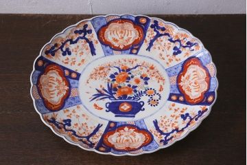 アンティーク雑貨 骨董 明治期 色絵花籠図染付楕円大皿(和食器)(R-042070)