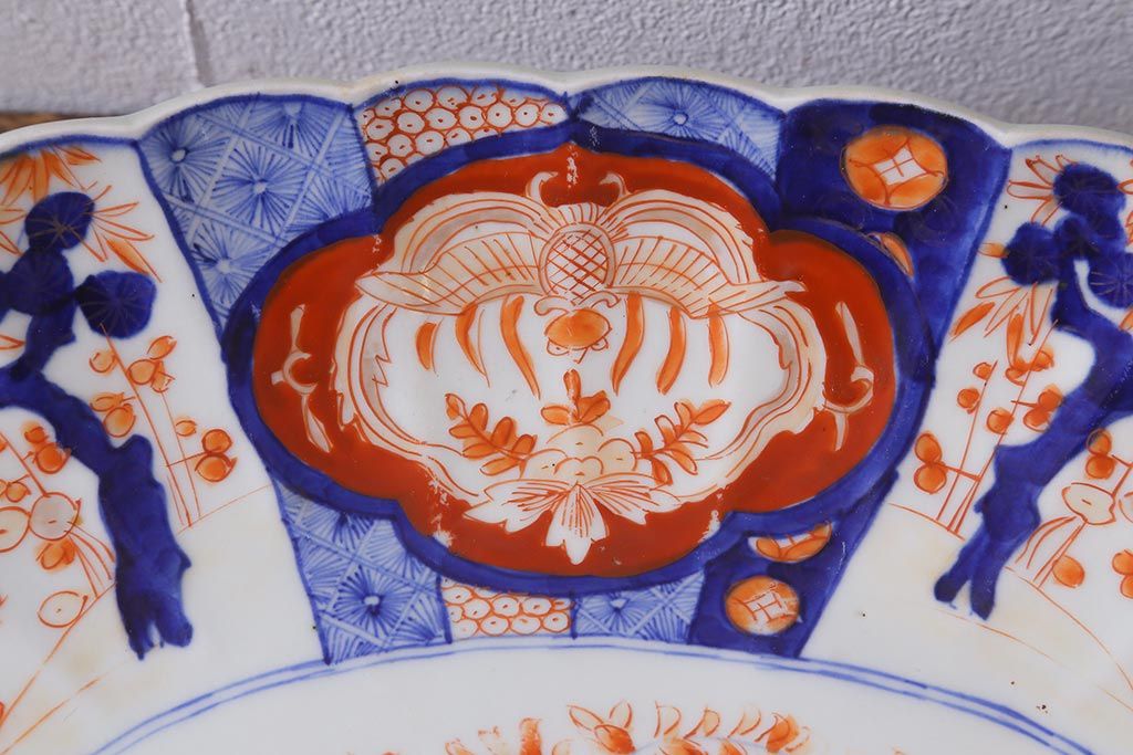 アンティーク雑貨 骨董 明治期 色絵花籠図染付楕円大皿(和食器)(R-042070)