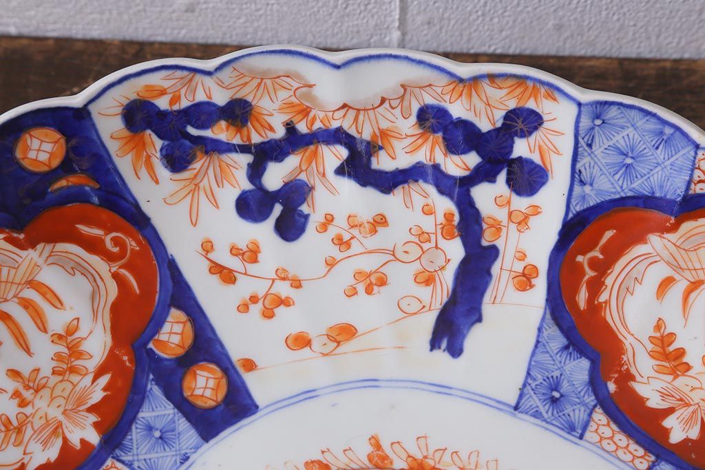 アンティーク雑貨 骨董 明治期 色絵花籠図染付楕円大皿(和食器)(R-042070)