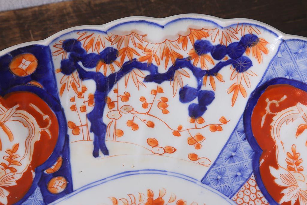 アンティーク雑貨 骨董 明治期 色絵花籠図染付楕円大皿(和食器)(R-042070)