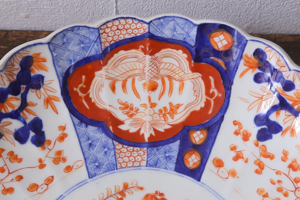 アンティーク雑貨 骨董 明治期 色絵花籠図染付楕円大皿(和食器)(R-042070)