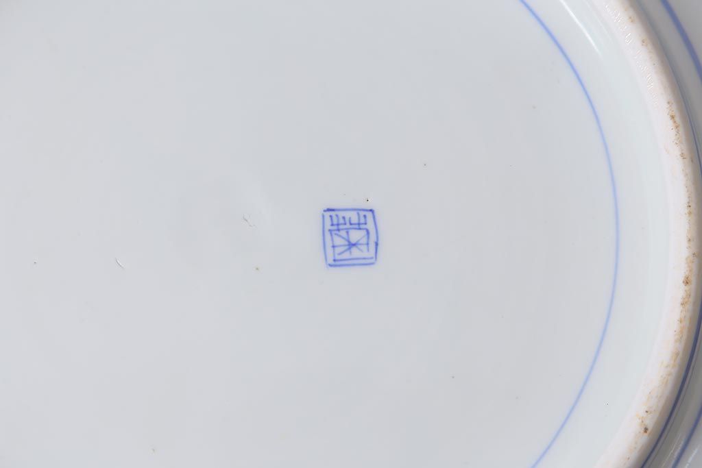 アンティーク雑貨 骨董 明治期 色絵花籠図染付楕円大皿(和食器)(R-042070)