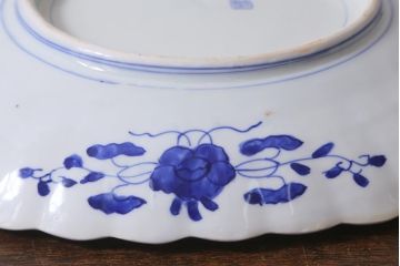 アンティーク雑貨 骨董 明治期 色絵花籠図染付楕円大皿(和食器)(R-042070)