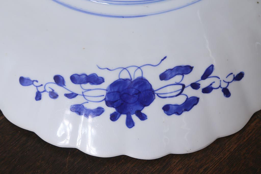 アンティーク雑貨 骨董 明治期 色絵花籠図染付楕円大皿(和食器)(R-042070)