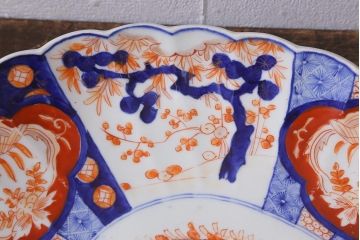 アンティーク雑貨　骨董　明治期　色絵花籠図染付楕円大皿(和食器)(R-042070)