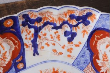 アンティーク雑貨　骨董　明治期　色絵花籠図染付楕円大皿(和食器)(R-042070)
