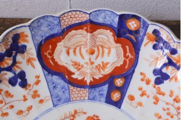 アンティーク雑貨　骨董　明治期　色絵花籠図染付楕円大皿(和食器)(R-042070)