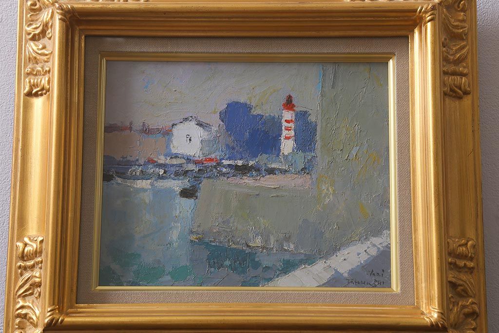 ビンテージ雑貨　高橋敬　油彩画「船だまり」(油絵額装)(R-042071)