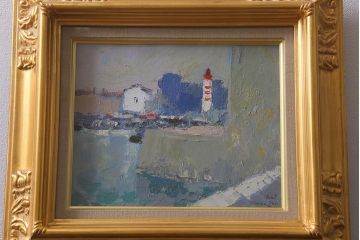 ビンテージ雑貨　高橋敬　油彩画「船だまり」(油絵額装)(R-042071)