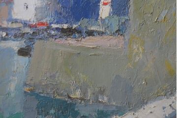 ビンテージ雑貨　高橋敬　油彩画「船だまり」(油絵額装)(R-042071)