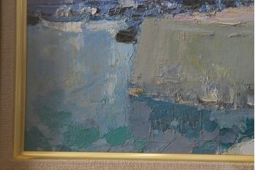 ビンテージ雑貨　高橋敬　油彩画「船だまり」(油絵額装)(R-042071)