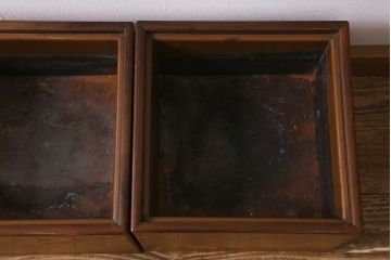 アンティーク雑貨　昭和初期　高級品!　桑材　共箱付き　美しい杢目の角火鉢一対(箱火鉢、手あぶり)(R-042074)