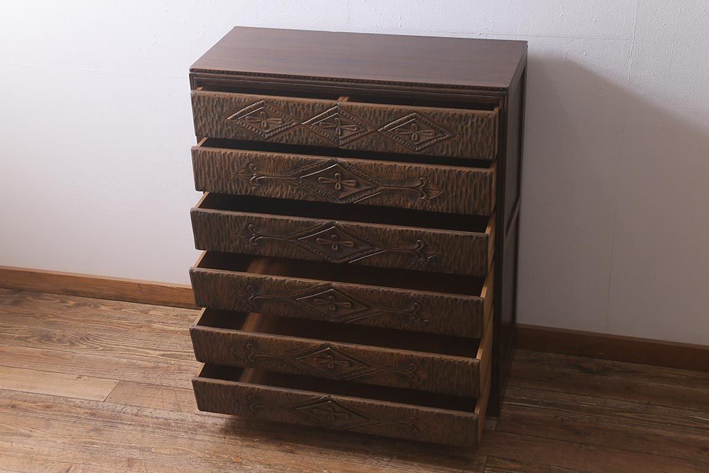 ビンテージ家具　レアもの　繊細な彫刻が魅力的なペザントアートのチェスト(引き出し、ヴィンテージ)(R-042086)