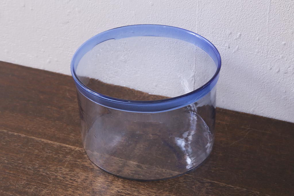 アンティーク雑貨　大正昭和初期　青縁　吹きガラス金魚鉢(R-042121)