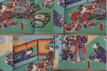 明治期　浮世絵木版画　57枚画帖(國周、豊國、國貞、芳盛、房種、國明)(R-042128)