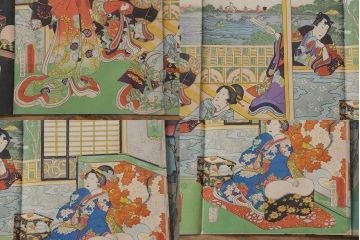 明治期　浮世絵木版画　57枚画帖(國周、豊國、國貞、芳盛、房種、國明)(R-042128)