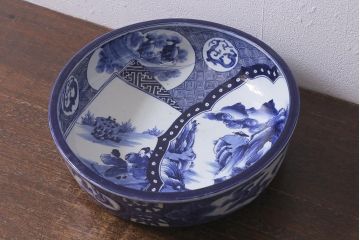 明治期　上手物　在銘　窓絵山水図唐人図　染付伊万里大鉢(大皿)(R-042129)