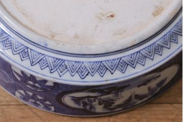 明治期　上手物　在銘　窓絵山水図唐人図　染付伊万里大鉢(大皿)(R-042129)